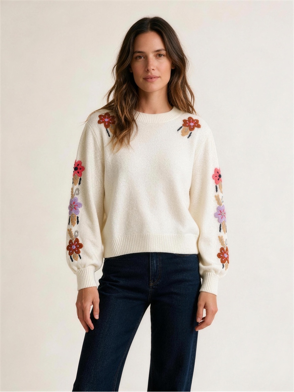 Something Navy Cream Floral Embroidered Crewneck Sweater